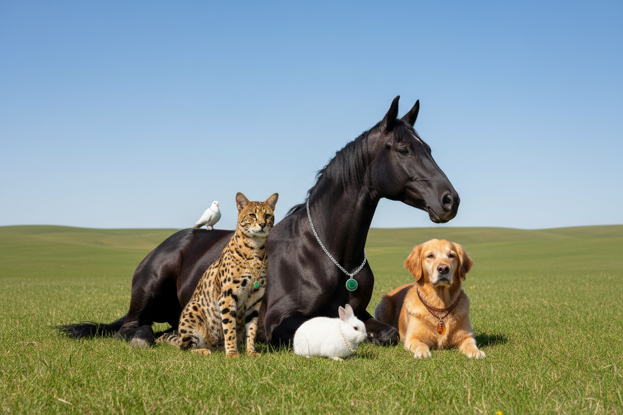 Céu azul, verde suave gramado 1 cavalo nego  brilhante deitado com a cabeça erguida , 1 gato da savana, 1 cachorro, 1 ave , 1 coelho e todos com um pingente no pescoço  

