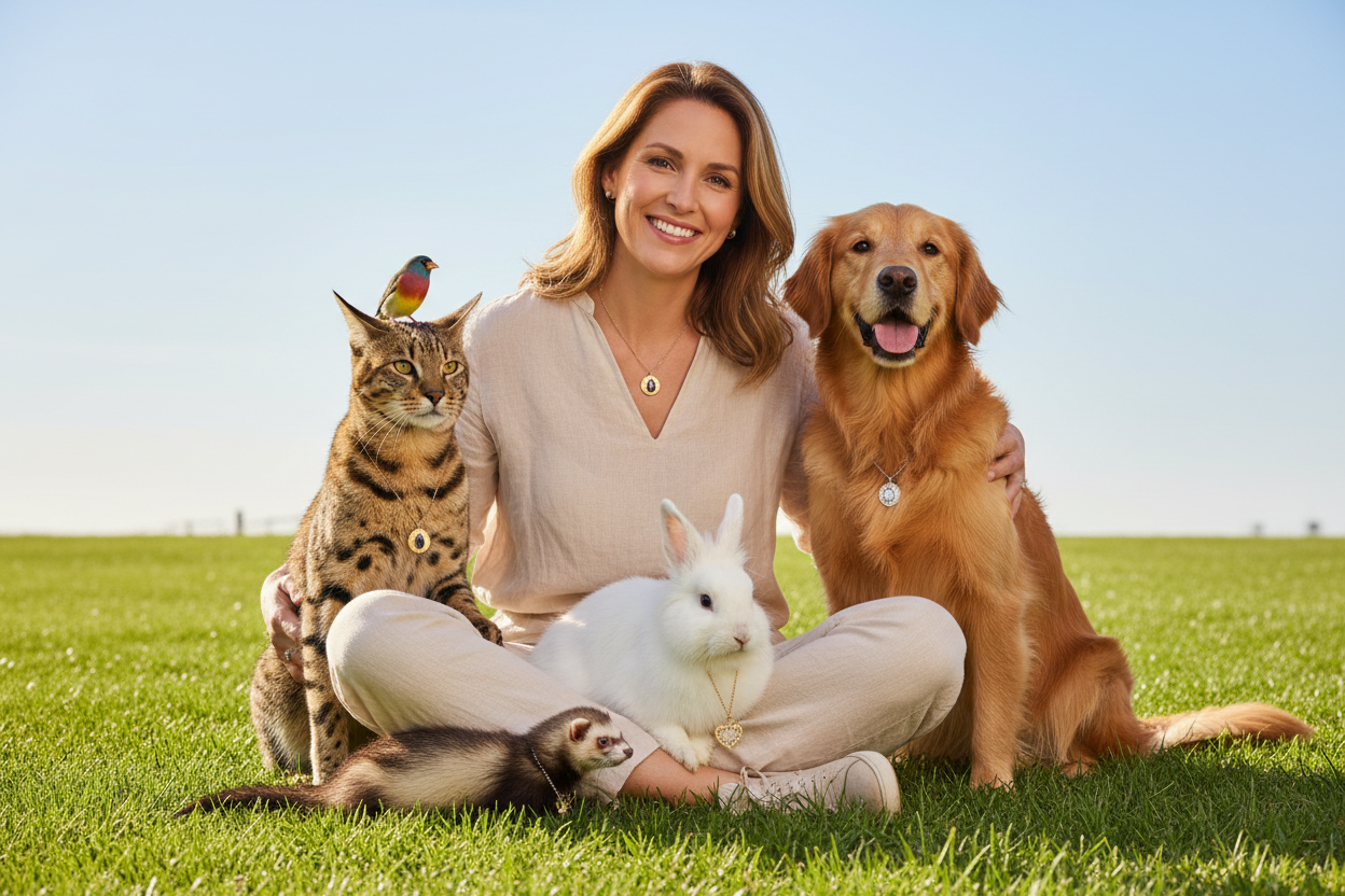 Céu azul, verde suave gramado , 1 gato da savana, 1 cachorro, 1 ave que fica em cima da cabeça do gato  , 1 coelho , 1 furão , uma pessoa no meio deles feliz e todos com um pingente no pescoço 
